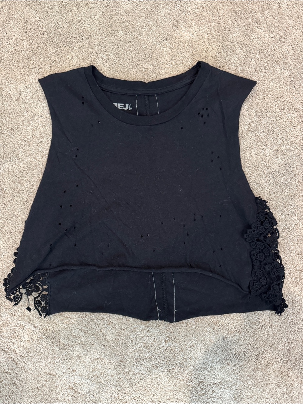 Juniors Katie J black cropped tank w crocheted sides. Size small.  Never worn.